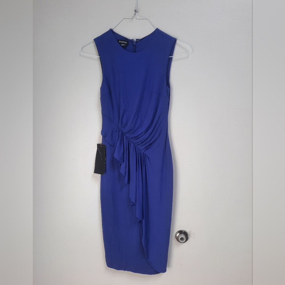bebe Royal Blue Sleeveless Midi Dress with Draped Detail